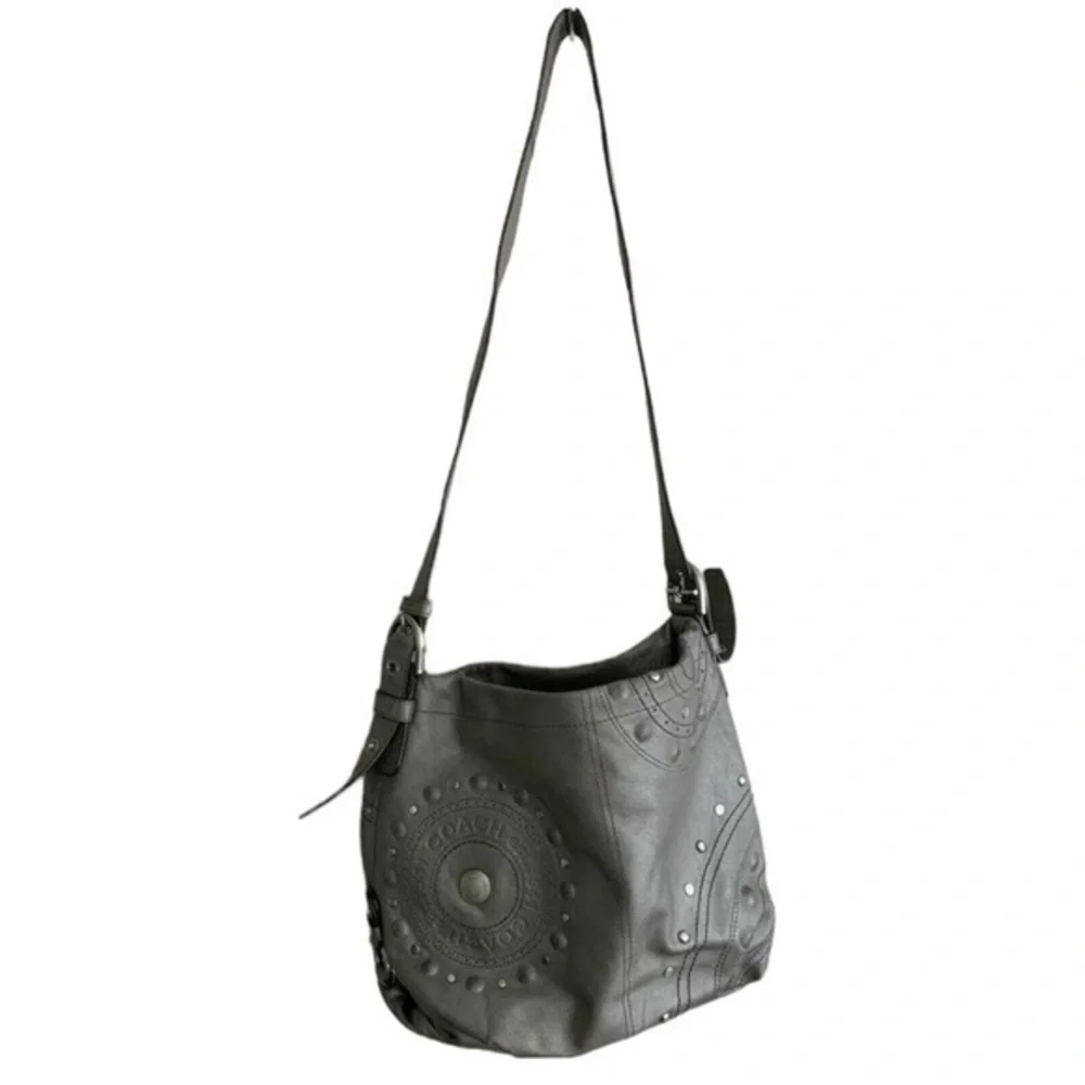 Coach Hobo Bag Grey Leather Studded Applique Duffel Silver Graphite k1269-f16178